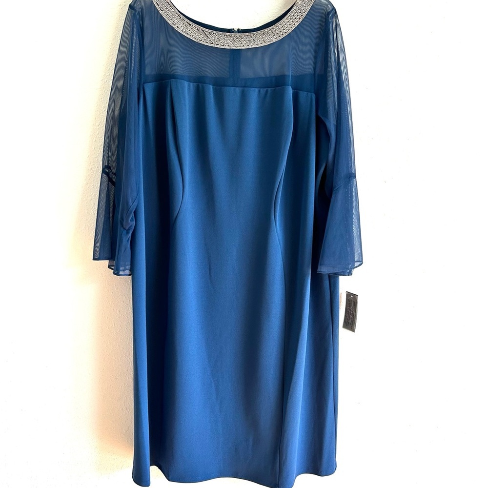 ALEX EVENINGS Cocktail Dress Sz 24W Wedgewood Blue Crystal Neckline Illusion - Picture 2 of 12